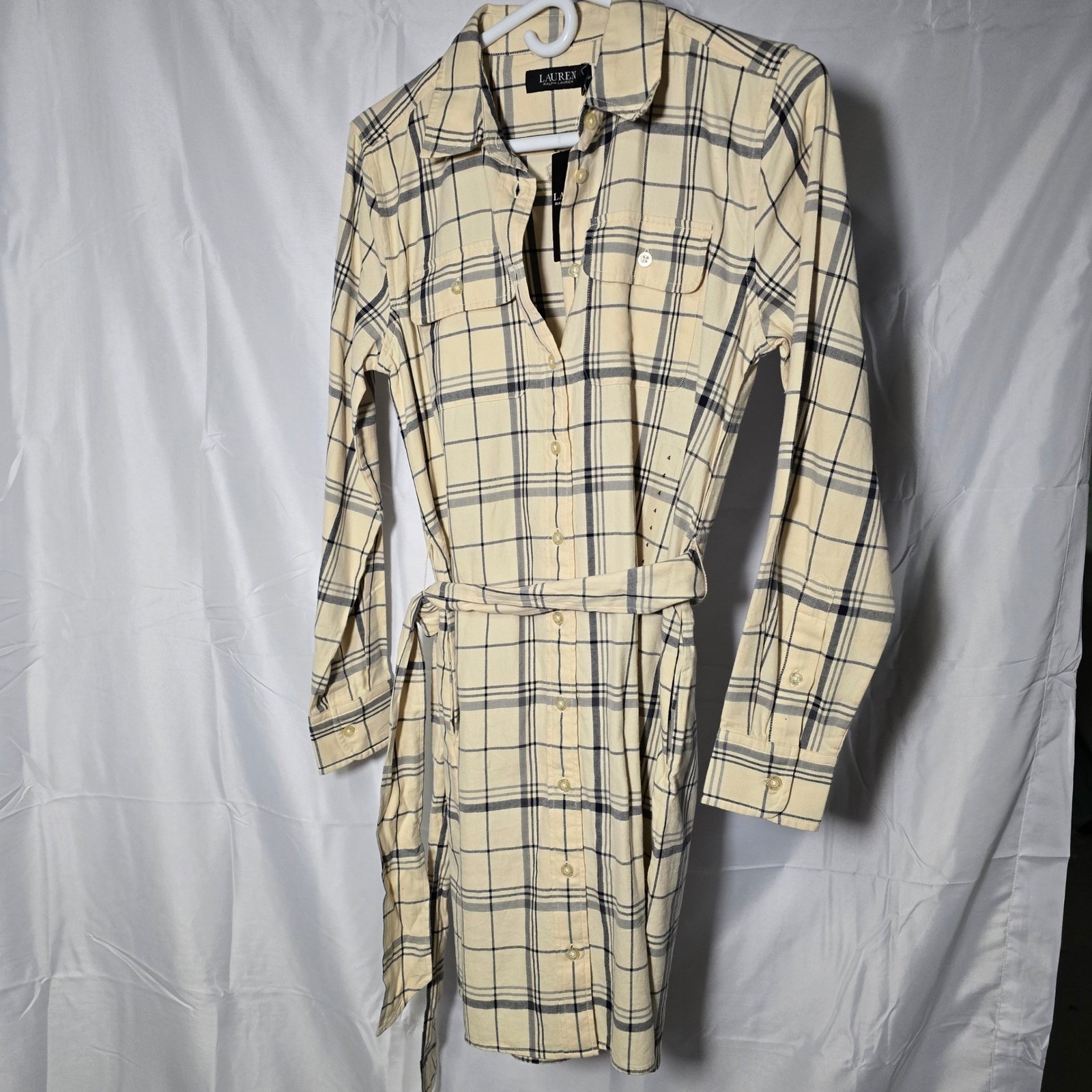 Lauren Ralph Lauren Womens Plaid Belted Midi Dress Cream Flannel Cotton Size 4